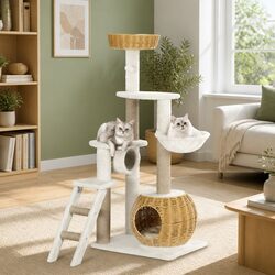 Cat Tree 138cm Tower Scratching Post Multi-Level Climbing House Bed Condo Rattan