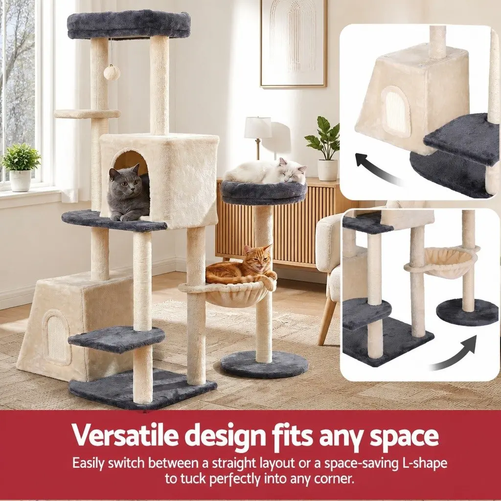 Cat Tree Tower Rotatable L-Shape 133cm Multi-Level Grey Beige