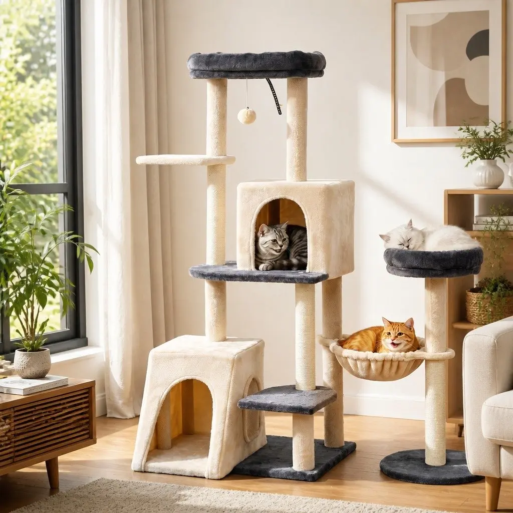 Cat Tree Tower Rotatable L-Shape 133cm Multi-Level Grey Beige