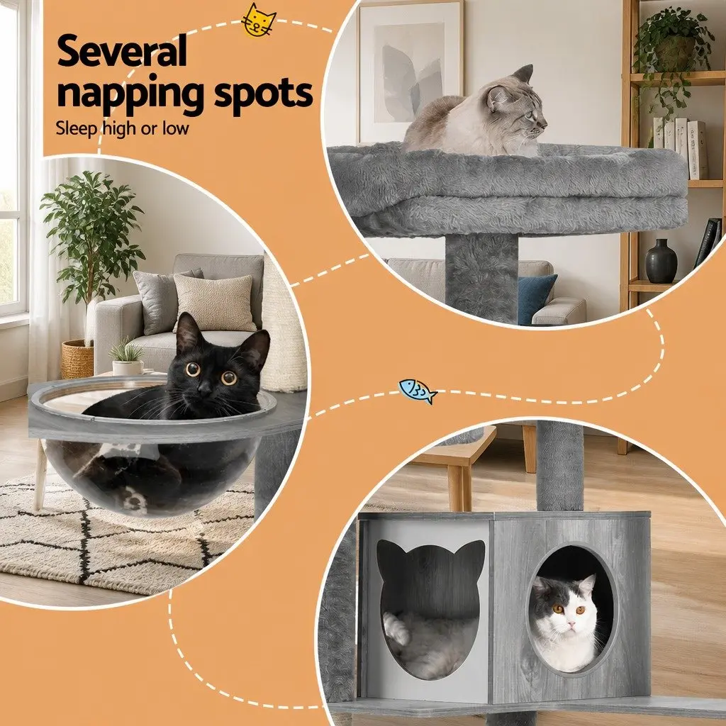 Cat Tree Multi-Level 178cm Wooden Grey or White Scratching Post Condo House