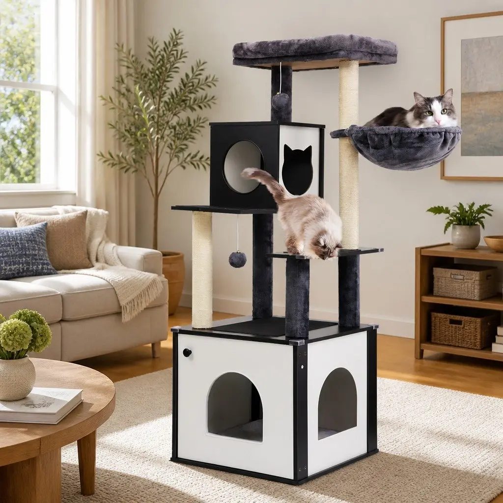 Cat Tree Tower 144cm Scratching Post Wooden Condo House Bed Furniture