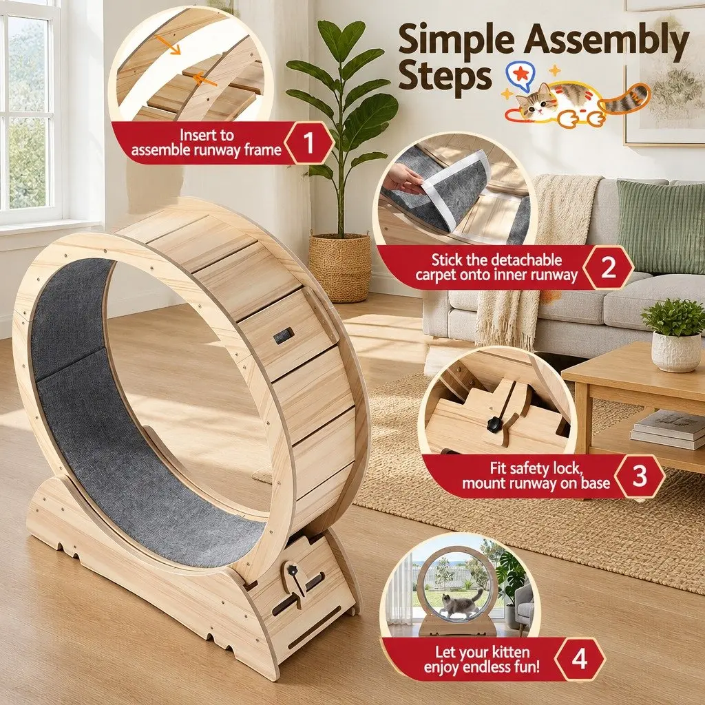 Wooden Cat Exercise Wheel Large Indoor Treadmill 91cm Natural MDF