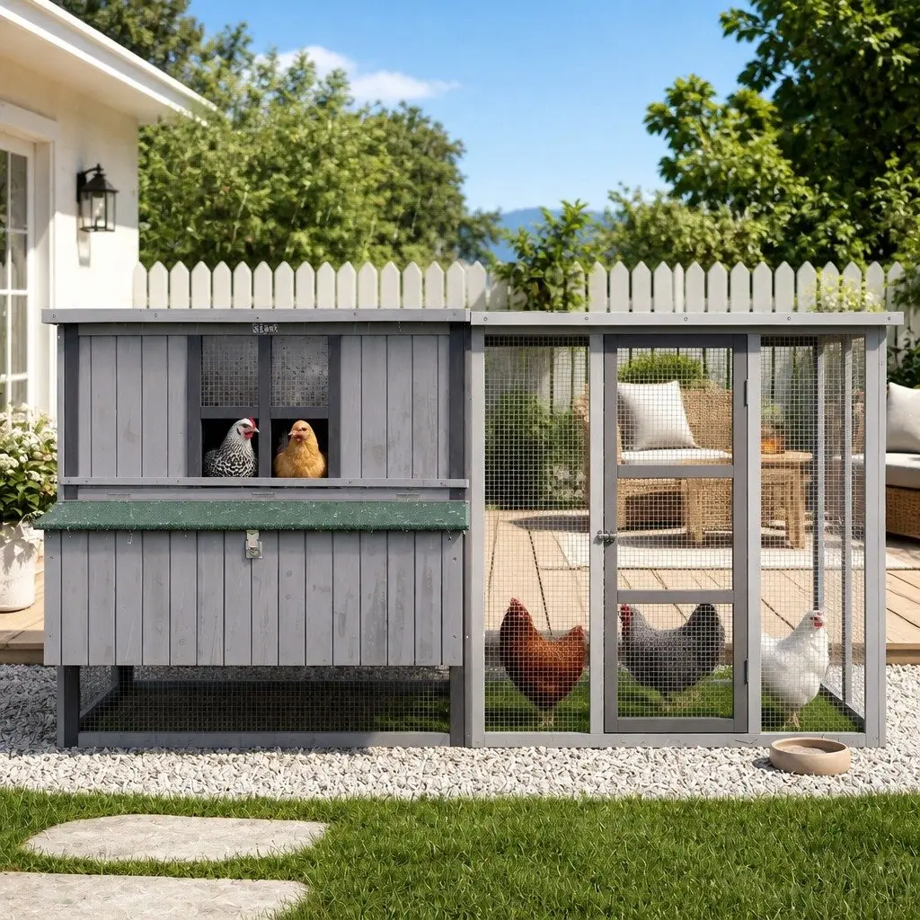 Chicken Coop Outdoor Enclosure Wooden Frame 219cm Light Grey