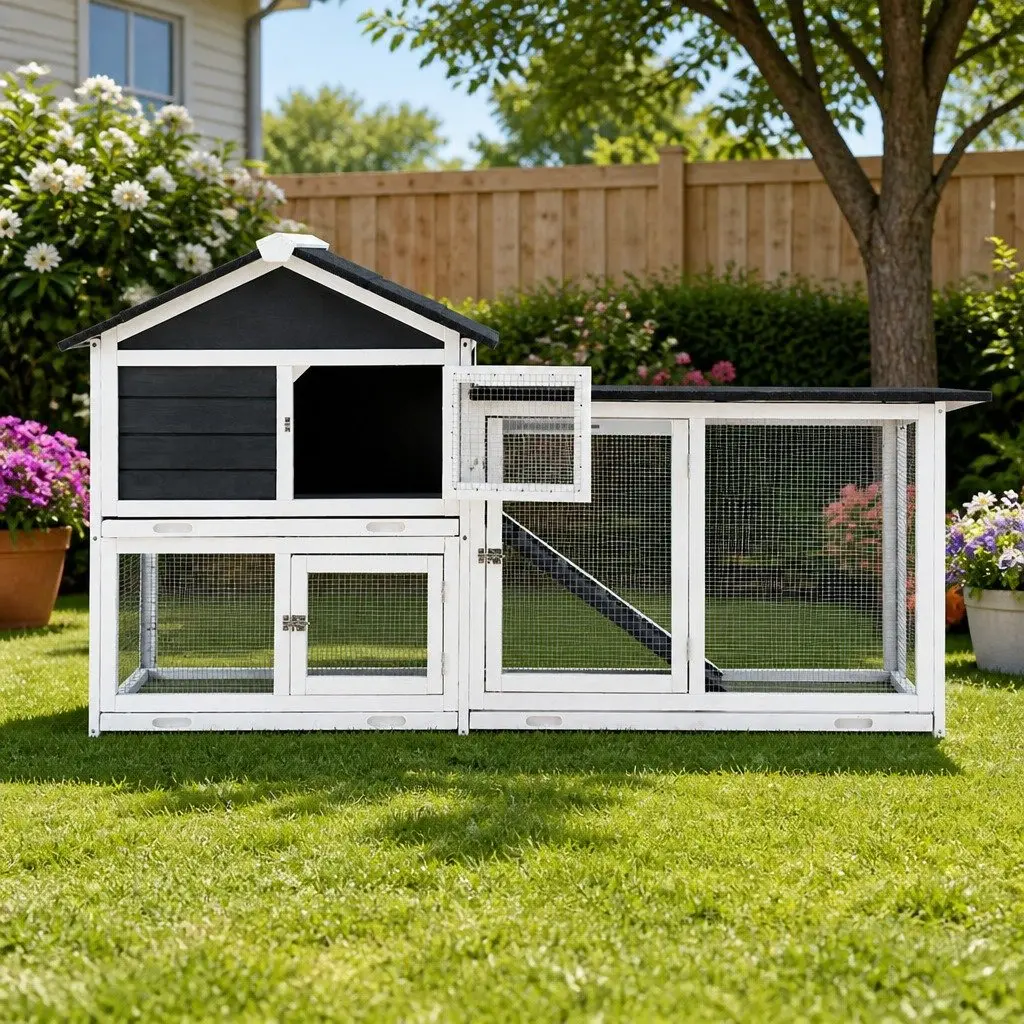 Wooden Chicken Coop Rabbit Hutch Extra Large Weather Resistant with Ramp Grey White