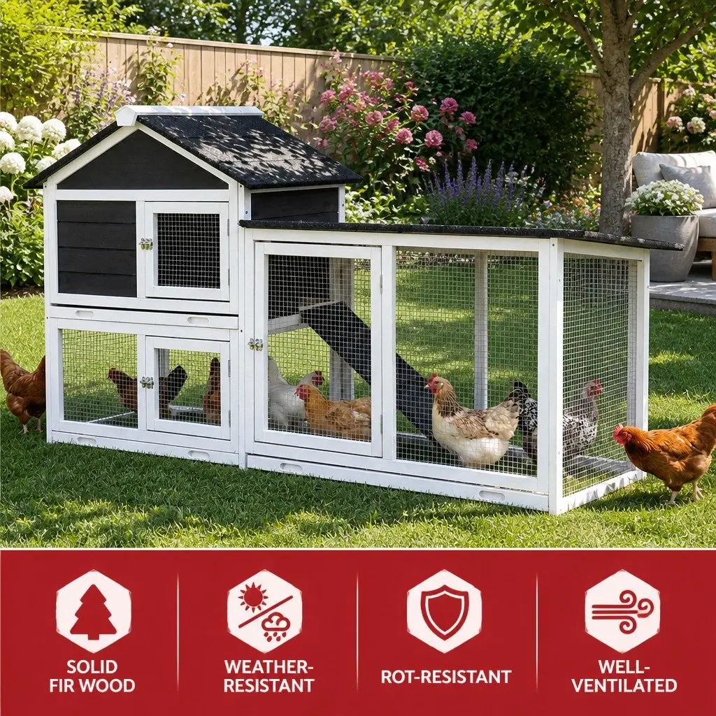 Wooden Chicken Coop Rabbit Hutch Extra Large Weather Resistant with Ramp Grey White