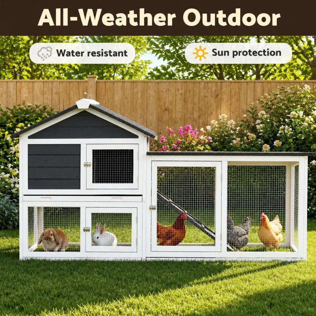 Wooden Chicken Coop Rabbit Hutch Extra Large Weather Resistant with Ramp Grey White