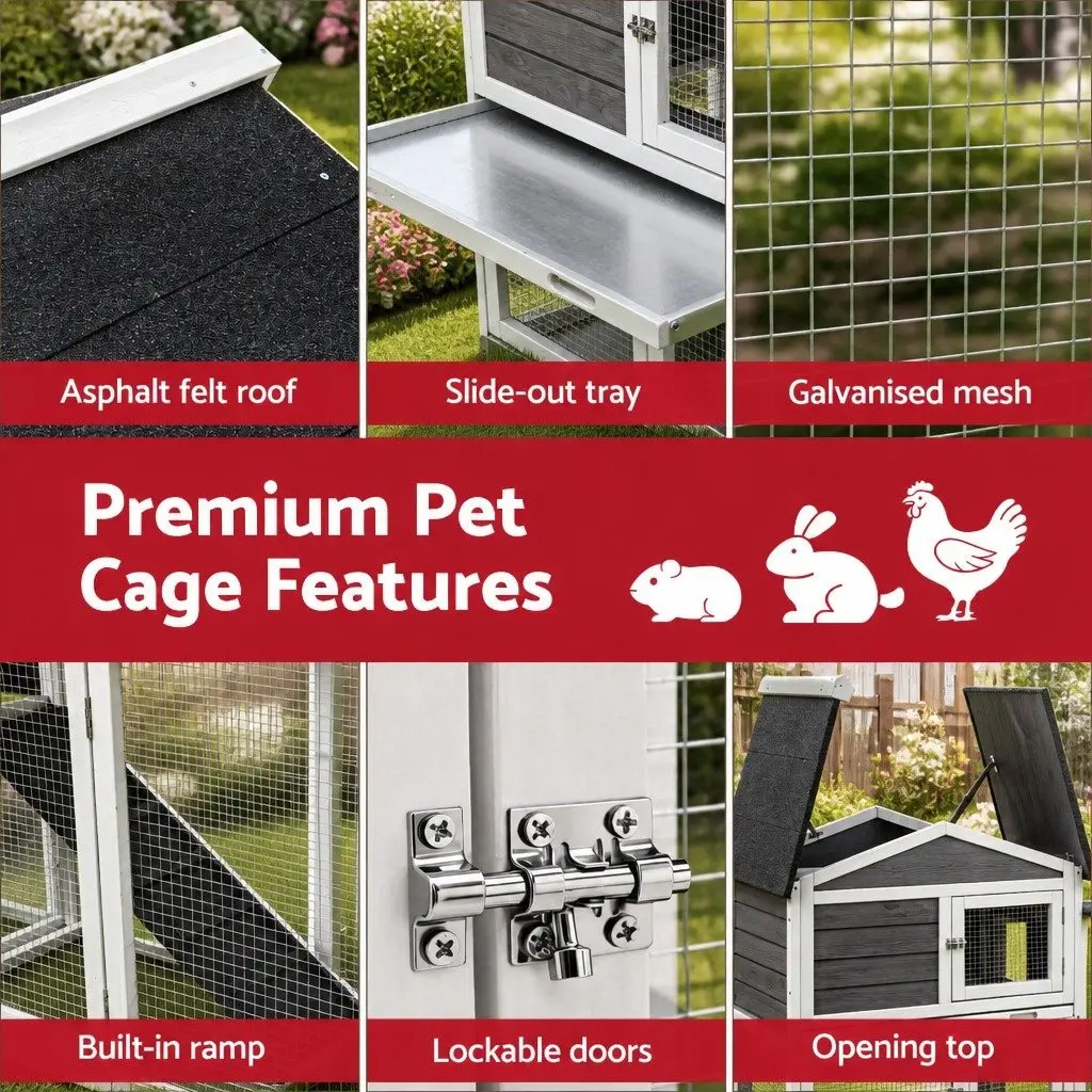 Wooden Chicken Coop Rabbit Hutch Extra Large Weather Resistant with Ramp Grey White
