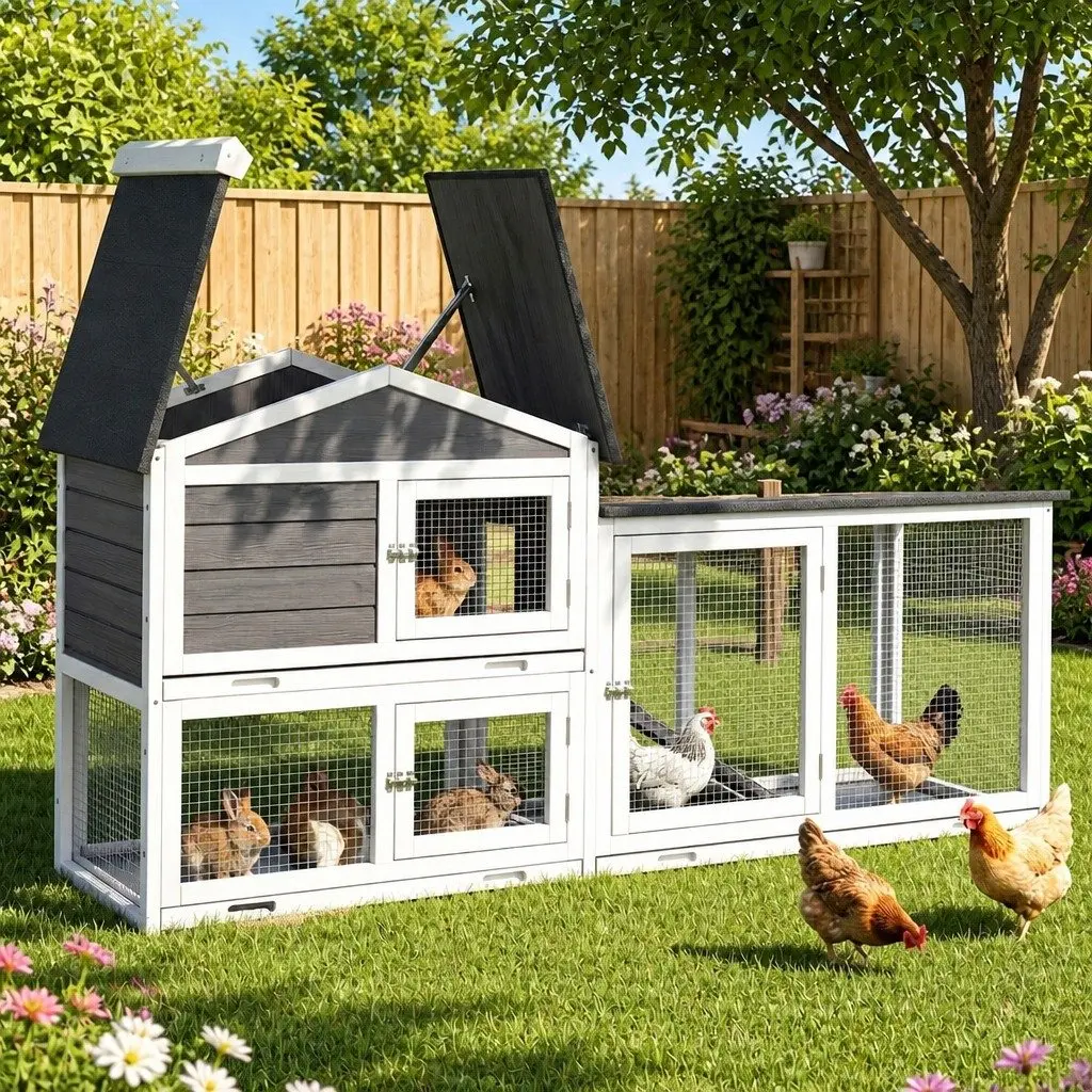 Wooden Chicken Coop Rabbit Hutch Extra Large Weather Resistant with Ramp Grey White
