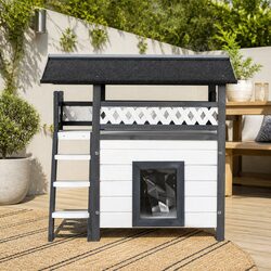 Outdoor Pet Hutch Wooden Cat House Rabbit Shelter Double Tier Condo Grey White