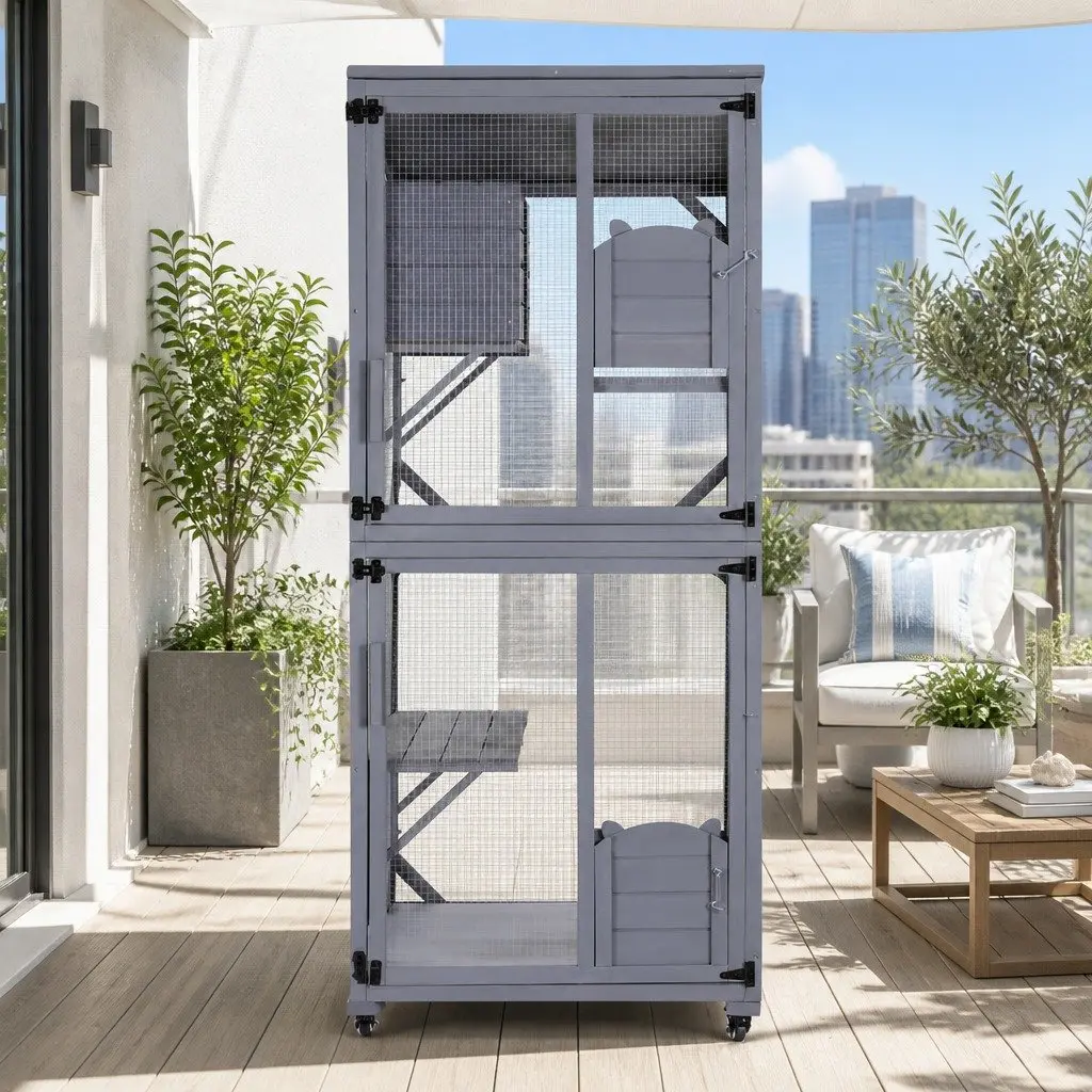 Cat House Wooden Multi-Tier 180cm Grey Pet Hutch for Cats Rabbits and Small Dogs