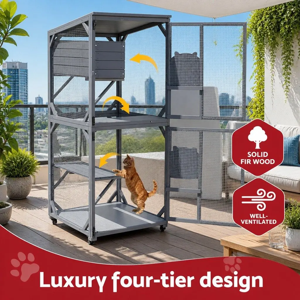 Cat House Wooden Multi-Tier 180cm Grey Pet Hutch for Cats Rabbits and Small Dogs