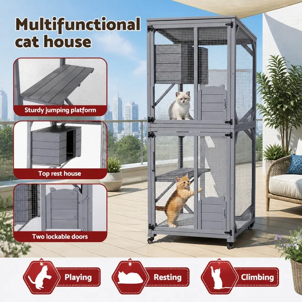 Cat House Wooden Multi-Tier 180cm Grey Pet Hutch for Cats Rabbits and Small Dogs