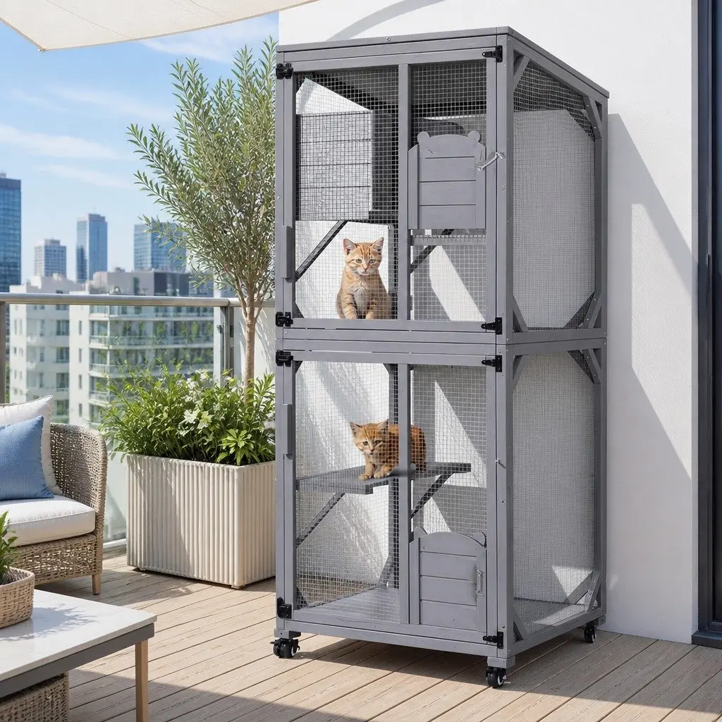 Cat House Wooden Multi-Tier 180cm Grey Pet Hutch for Cats Rabbits and Small Dogs