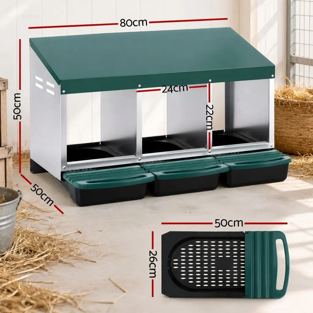 Chicken Nesting Box Roll Away 3 Holes Wall Mounted Green Galvanized Metal