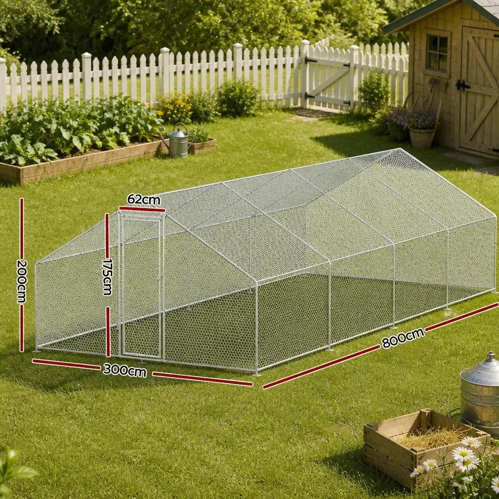 Chicken Coop Cage Galvanised Steel Spacious 3x8x2m Silver Pet Housing Run