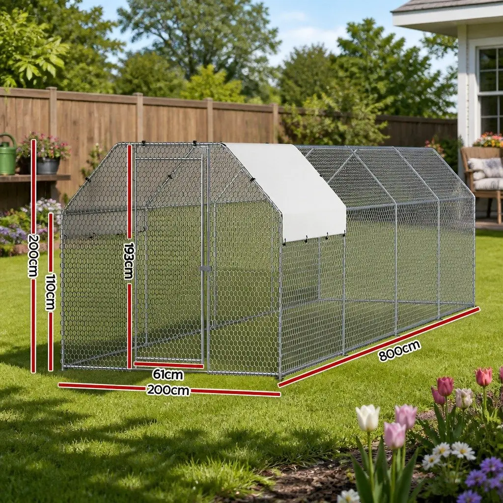 Chicken Coop Walk In Hen House Spacious 2m x 8m Silver Galvanised Steel Frame