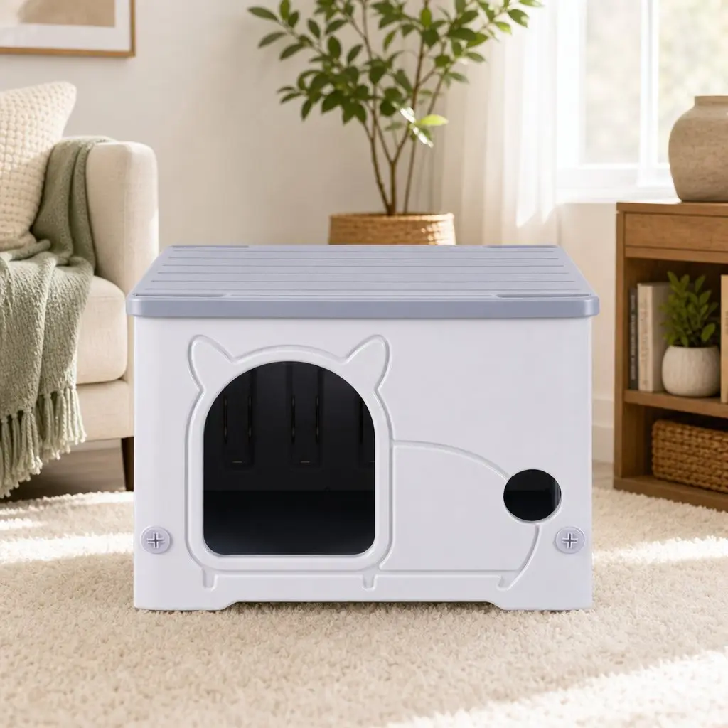 Cat House Enclosed Shelter Stackable Bench Box Pet Carrier Indoor Outdoor Grey