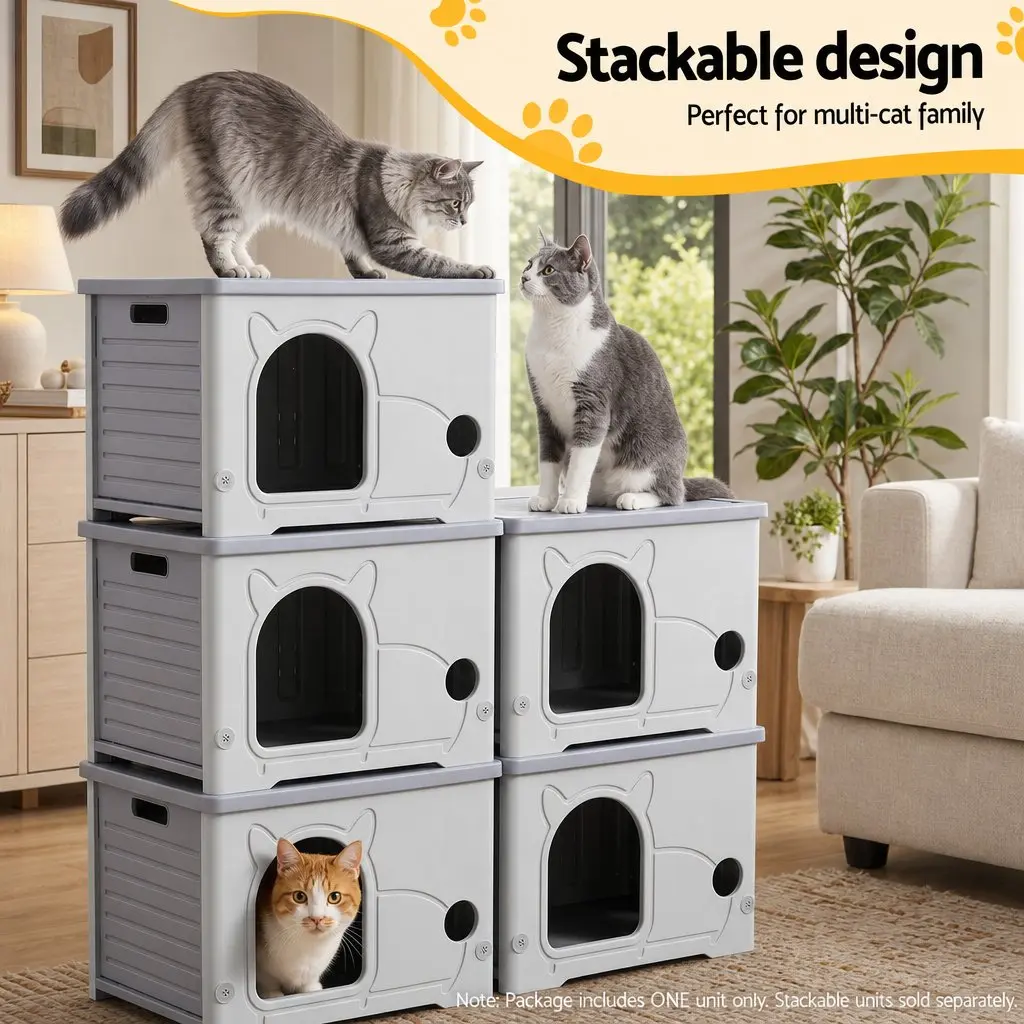 Cat House Enclosed Shelter Stackable Bench Box Pet Carrier Indoor Outdoor Grey