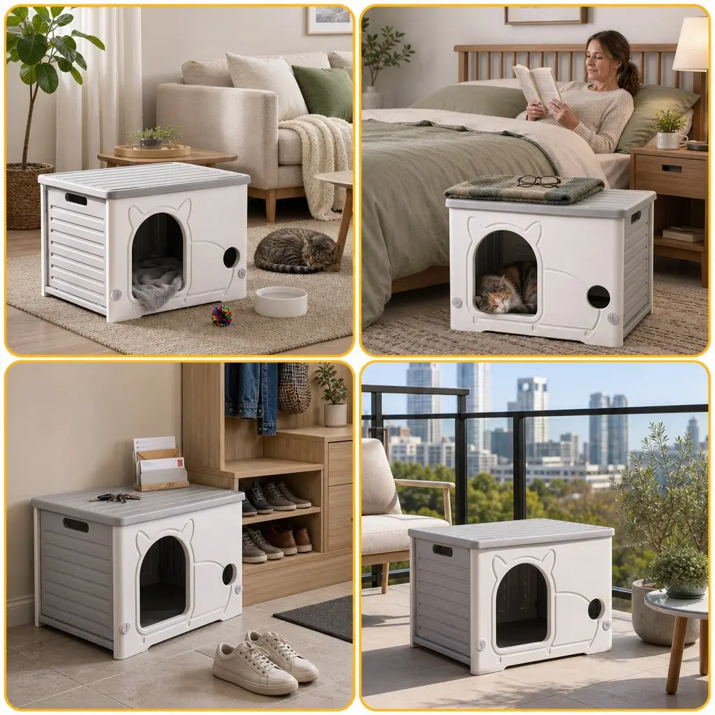 Cat House Enclosed Shelter Stackable Bench Box Pet Carrier Indoor Outdoor Grey