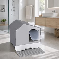 Enclosed Cat Litter Box House-Shaped Kitty Toilet with Flap Door Scoop Mat Grey