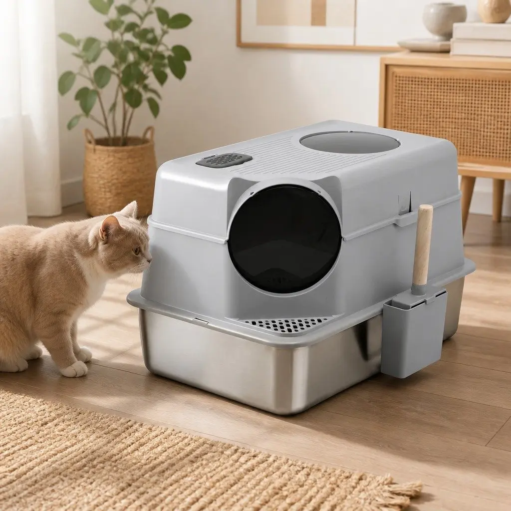 Stainless Steel Cat Litter Box High Sided Light Grey with Cat Litter Mat and Scoop