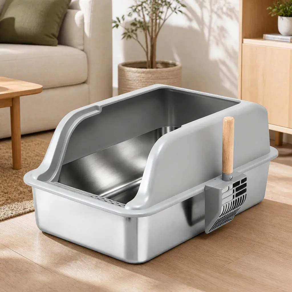 Cat Litter Box Stainless Steel Large Semi-Enclosed High Sided Light Grey Kitty Toilet