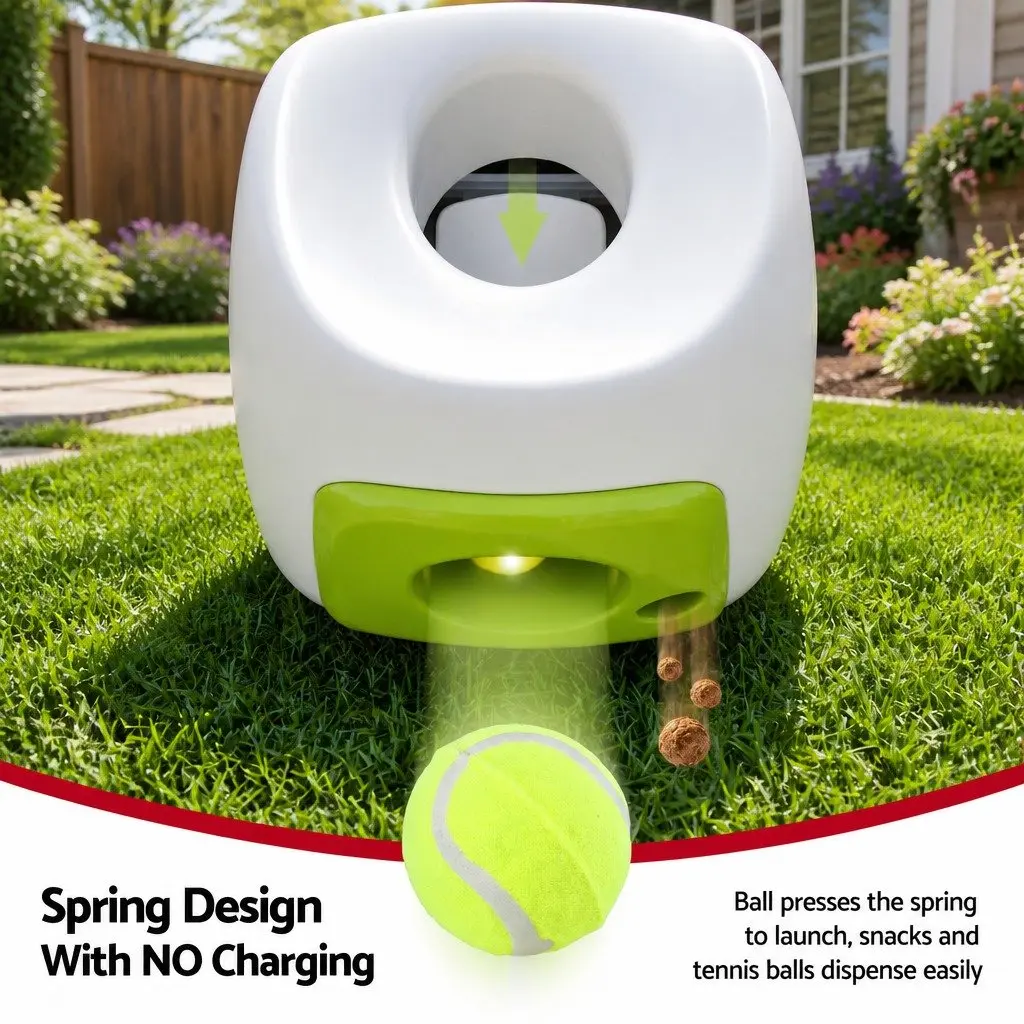 Dog Ball Launcher Treat Dispenser 2-in-1 Interactive Toy Spring Tennis Balls