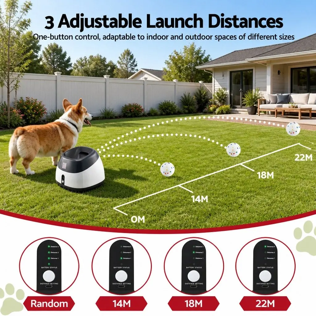 Dog Ball Launcher Automatic Interactive Toy Adjustable Distance 14m 18m 22m White Grey