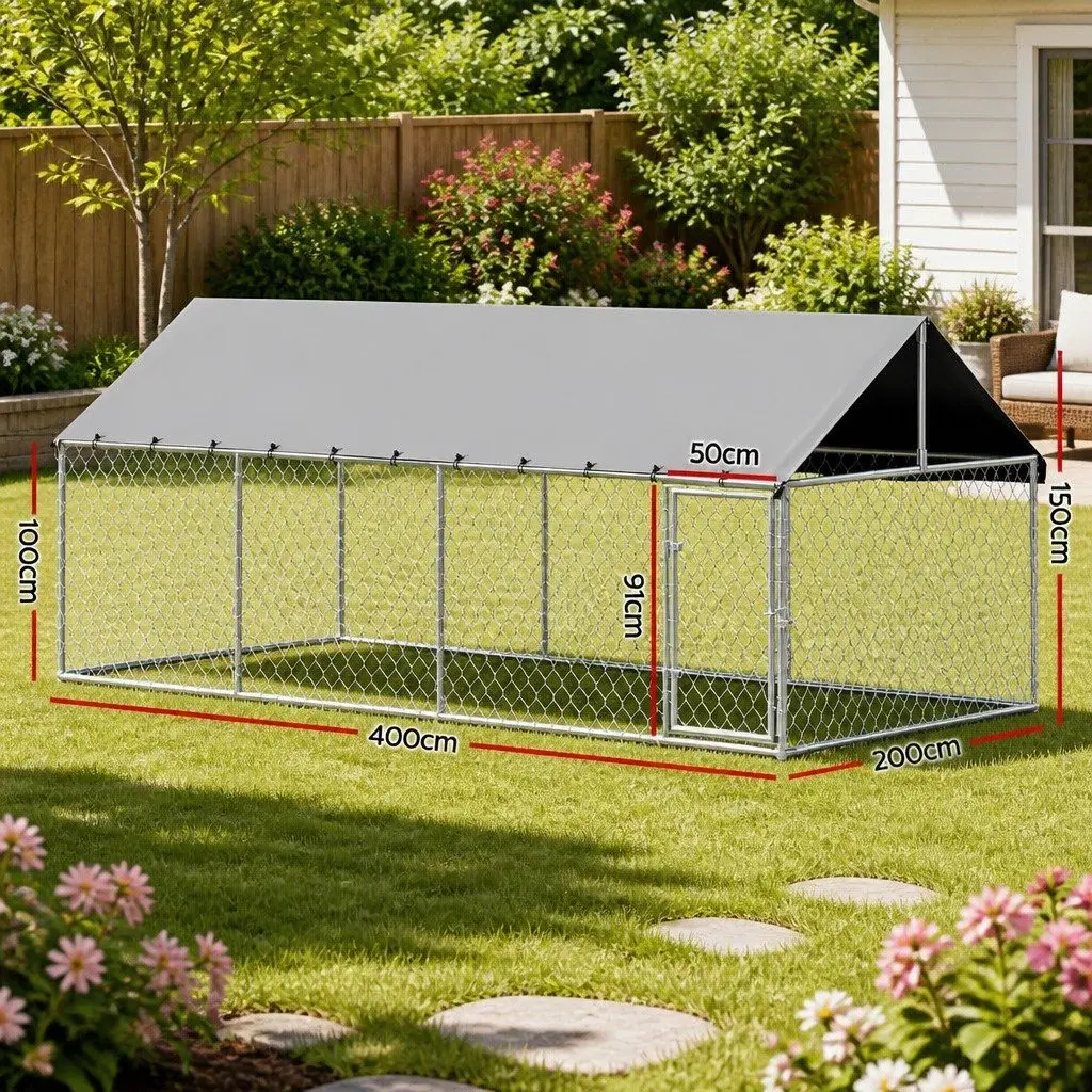 Dog Kennel Large Outdoor Pet Run Cage Enclosure Silver 2M x 4M Heavy Duty