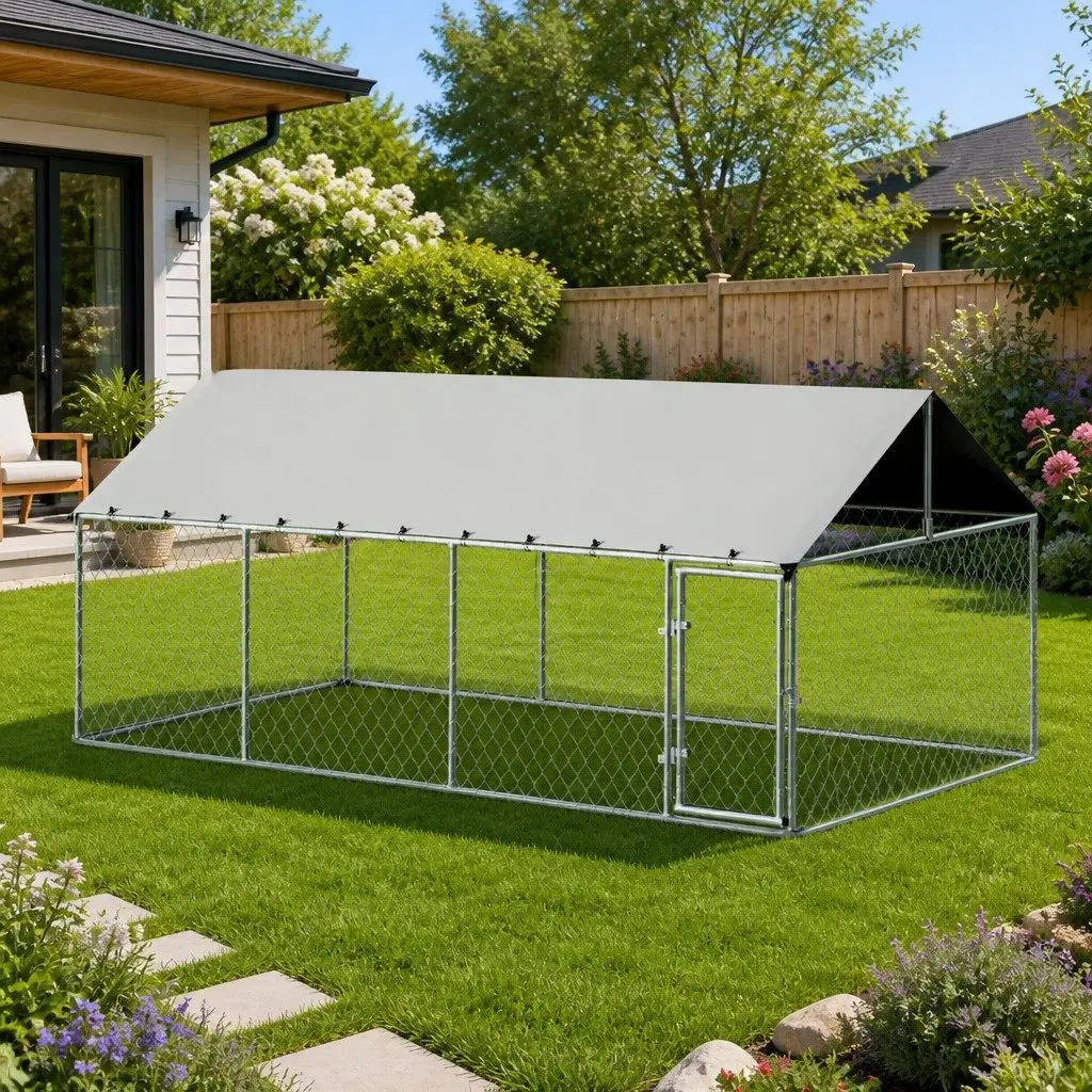 Dog Kennel Large Outdoor Pet Run Cage Enclosure Silver 2M x 4M Heavy Duty
