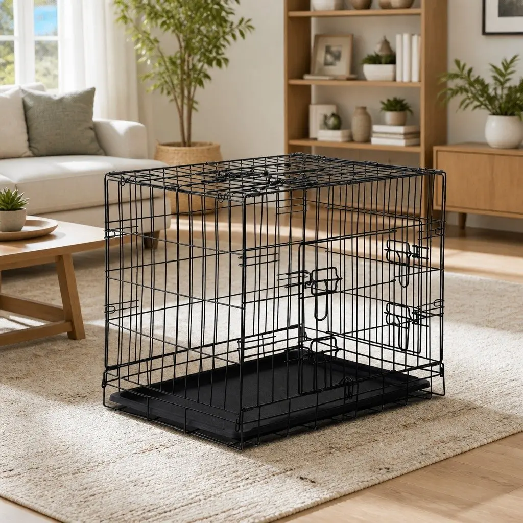 24 Inch Dog Cage Crate Kennel Foldable Pet Carrier 3 Doors Metal Black
