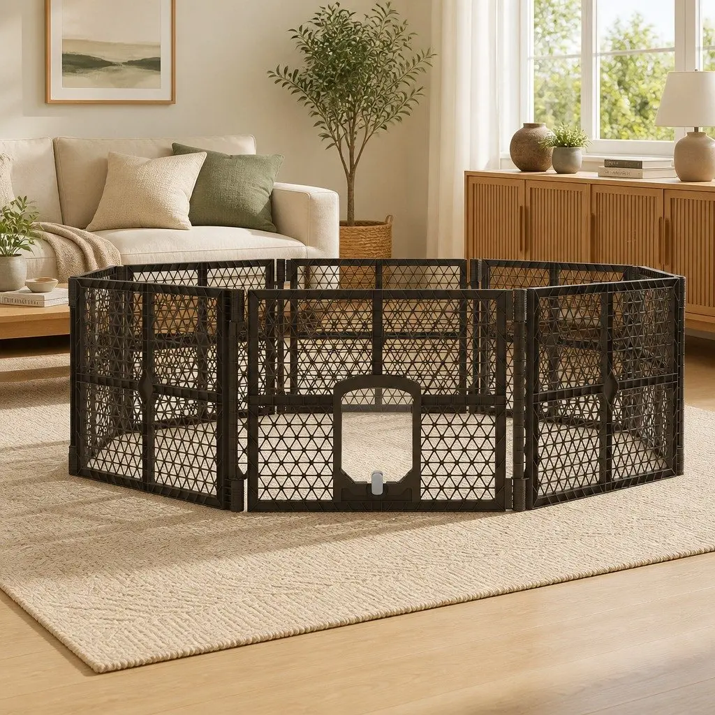 Dog Playpen Enclosure 8 Panel Foldable Plastic Pet Fence Brown