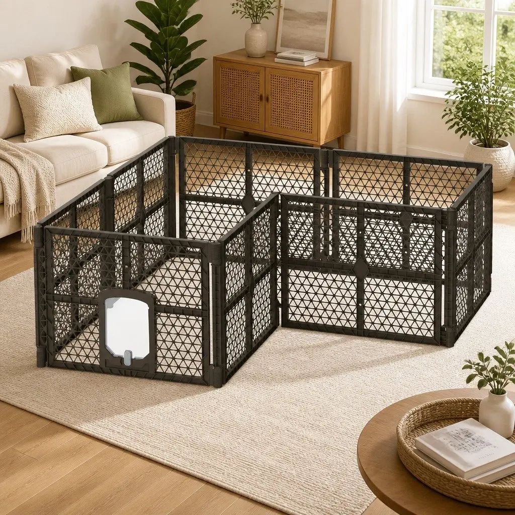 Dog Playpen Enclosure 8 Panel Foldable Plastic Pet Fence Brown