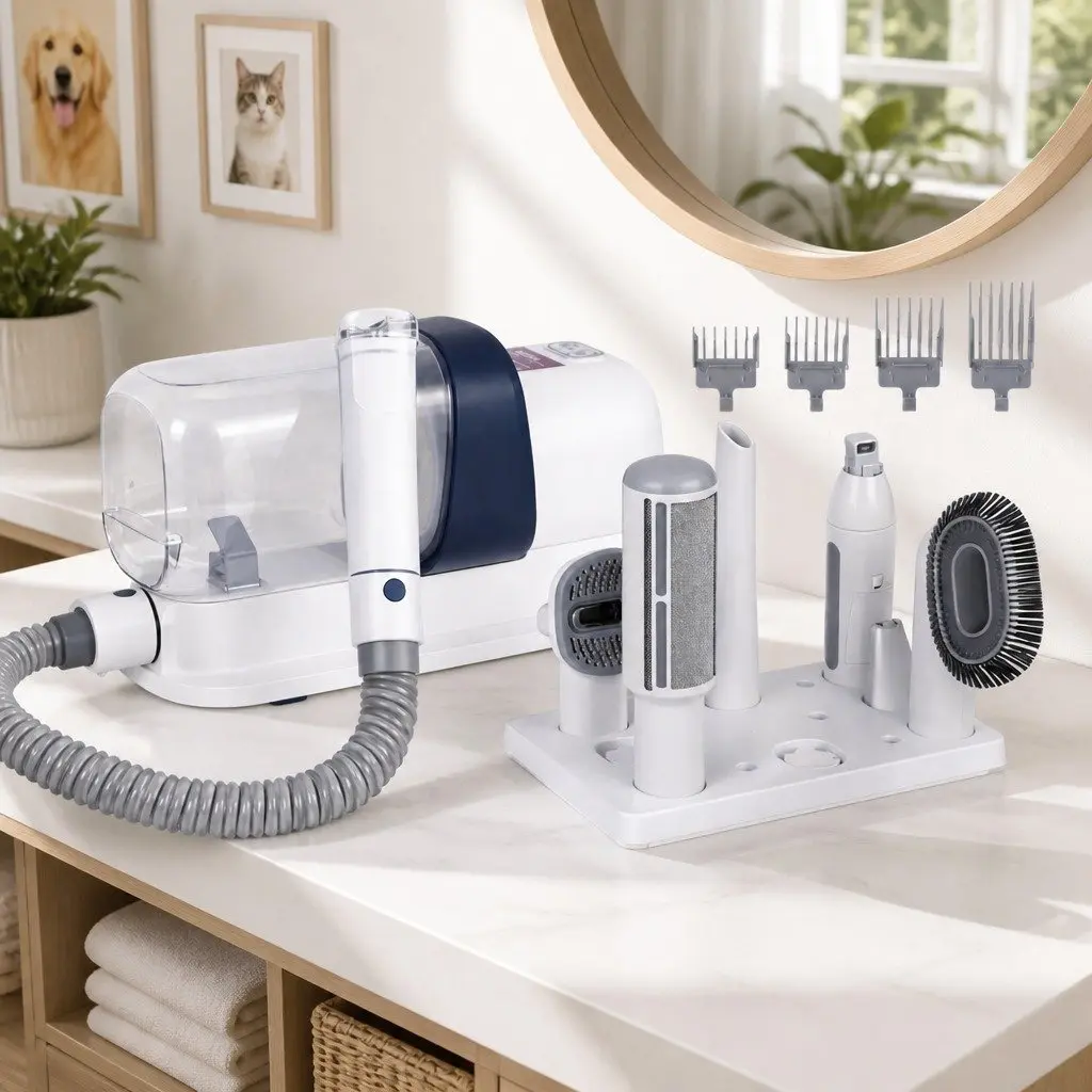Pet Grooming Kit 7-in-1 Vacuum Hair Dryer Clipper Brushes White