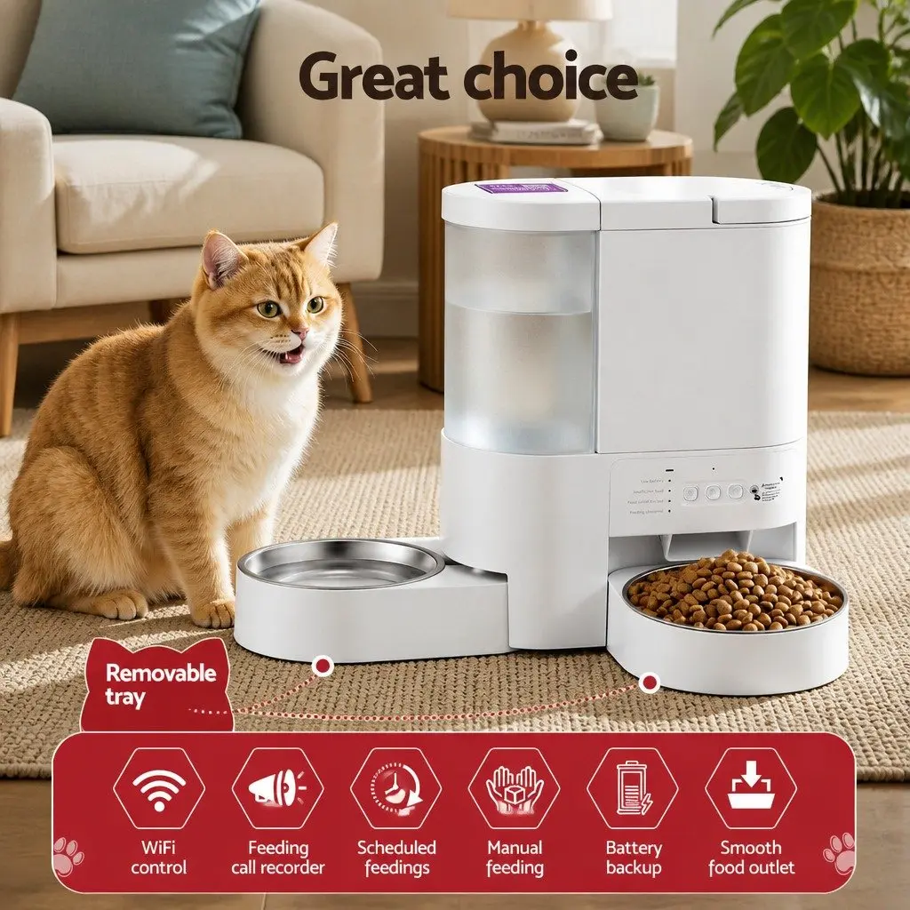 Automatic Pet Feeder Water Dispenser 2-in-1 Smart WiFi App Control 4L White ABS Plastic