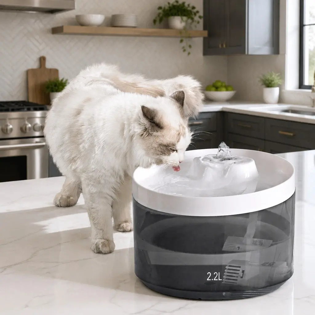 Automatic Pet Water Fountain Feeder 2.2L Filtered Drinking Bowl White Plastic