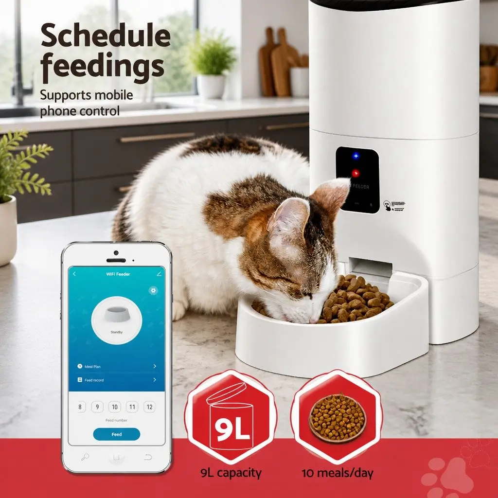 Automatic Pet Feeder WiFi Smart 9L White Dog Cat Food Dispenser Timer APP Control