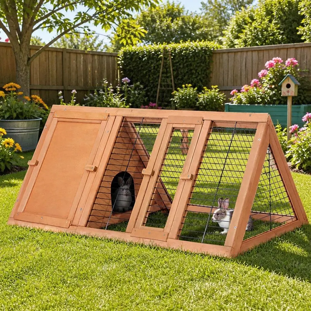 Rabbit Hutch Wooden Cage 119cm Natural Wood Outdoor Small Animal Run Double Door
