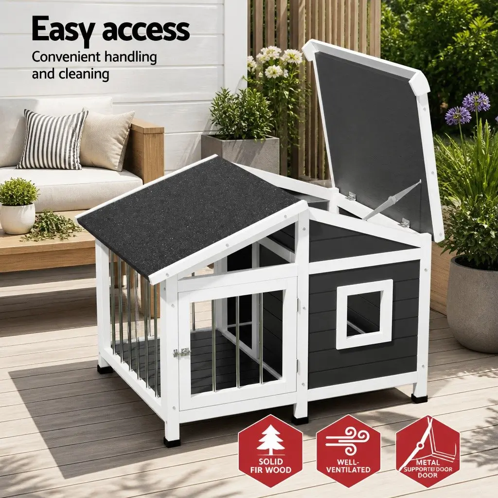 Dog Kennel House Large Weatherproof Wooden Indoor Outdoor Pet Shelter White Grey