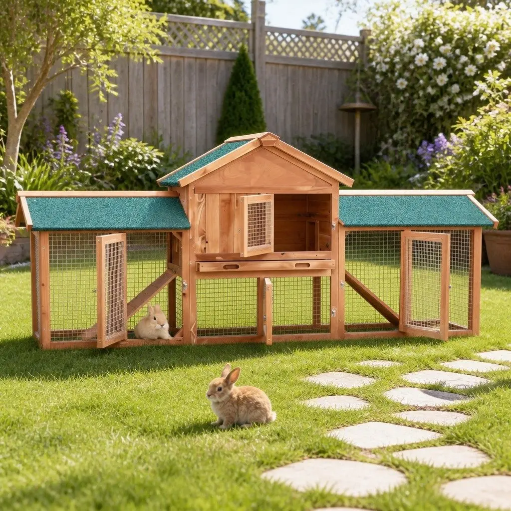 Wooden Pet Hutch Large Outdoor Cage Run House Two-Level Fir Wood with Asphalt Roof