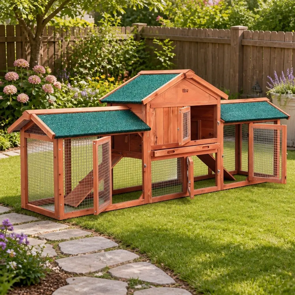 Wooden Pet Hutch Large Outdoor Cage Run House Two-Level Fir Wood with Asphalt Roof