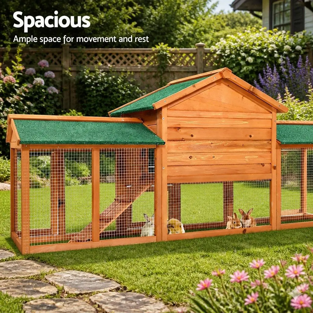 Wooden Pet Hutch Large Outdoor Cage Run House Two-Level Fir Wood with Asphalt Roof