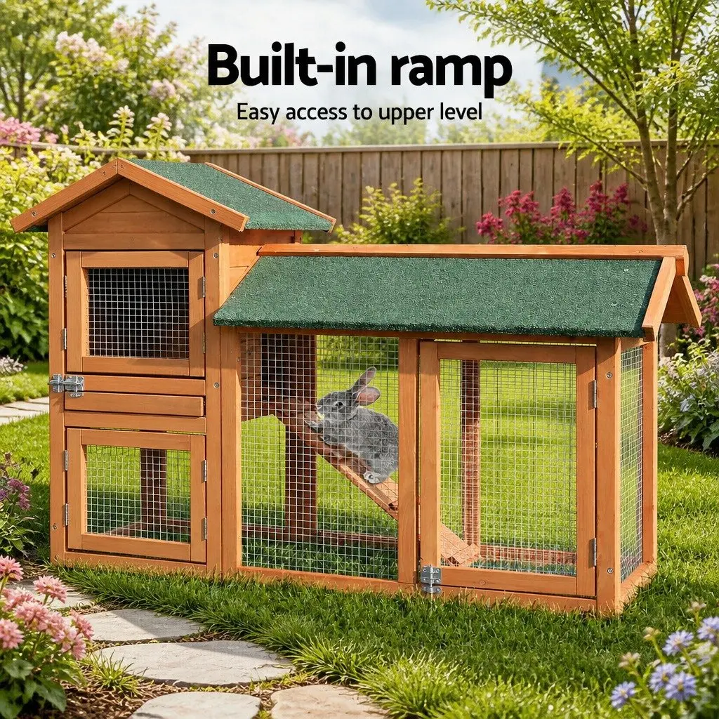 Wooden Pet Hutch Large Outdoor Cage Run House Two-Level Fir Wood with Asphalt Roof