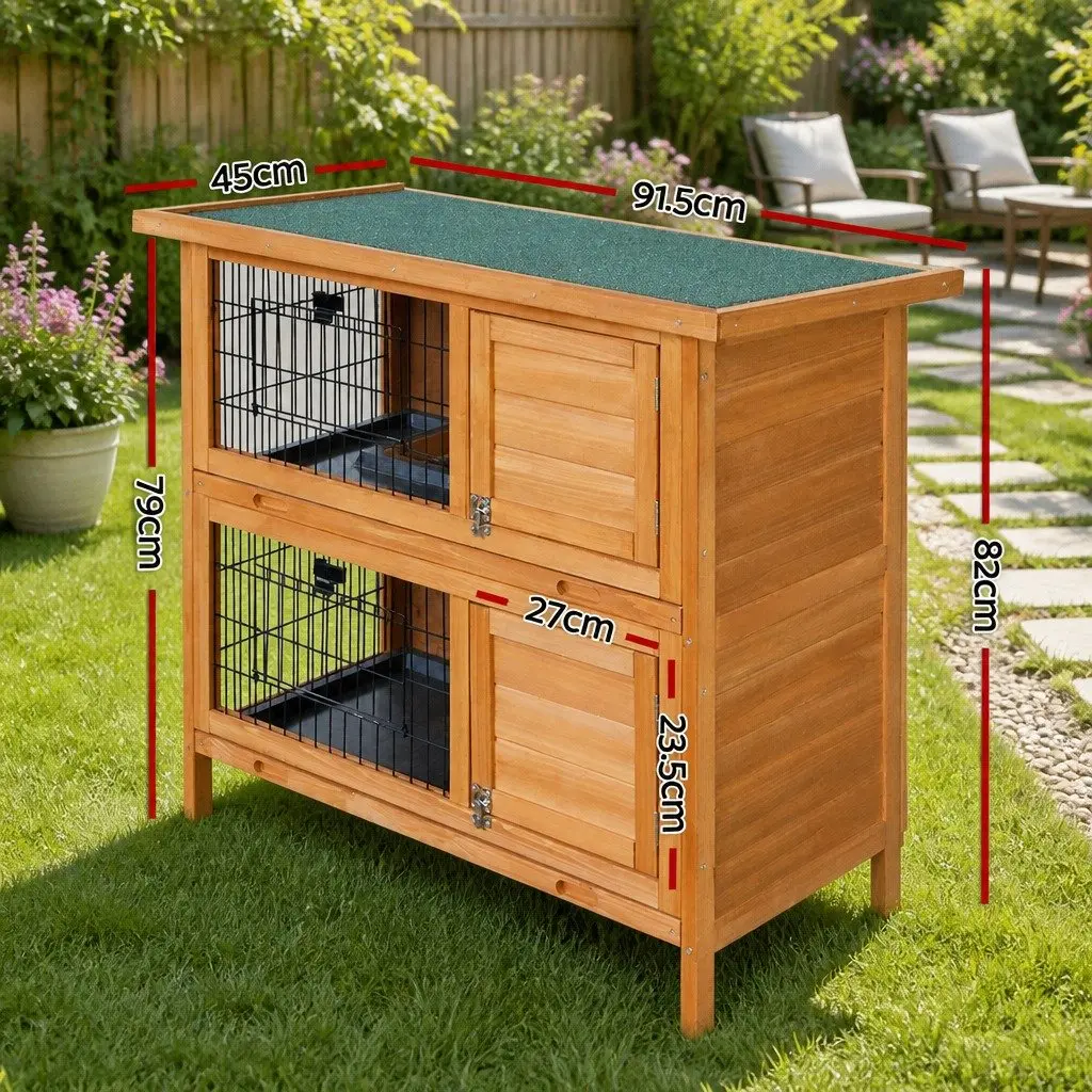 Rabbit Hutch Double Tier Wooden House 91.5cm Natural Wood