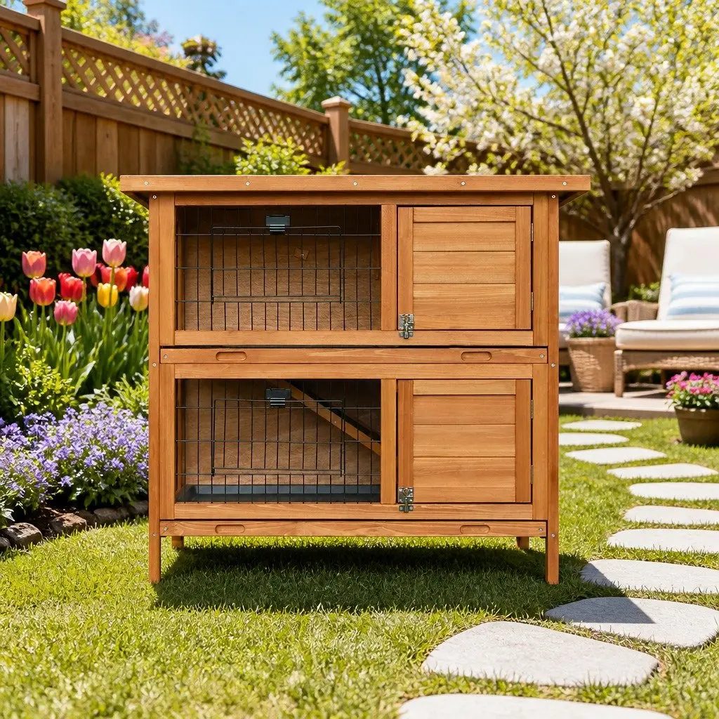 Rabbit Hutch Double Tier Wooden House 91.5cm Natural Wood