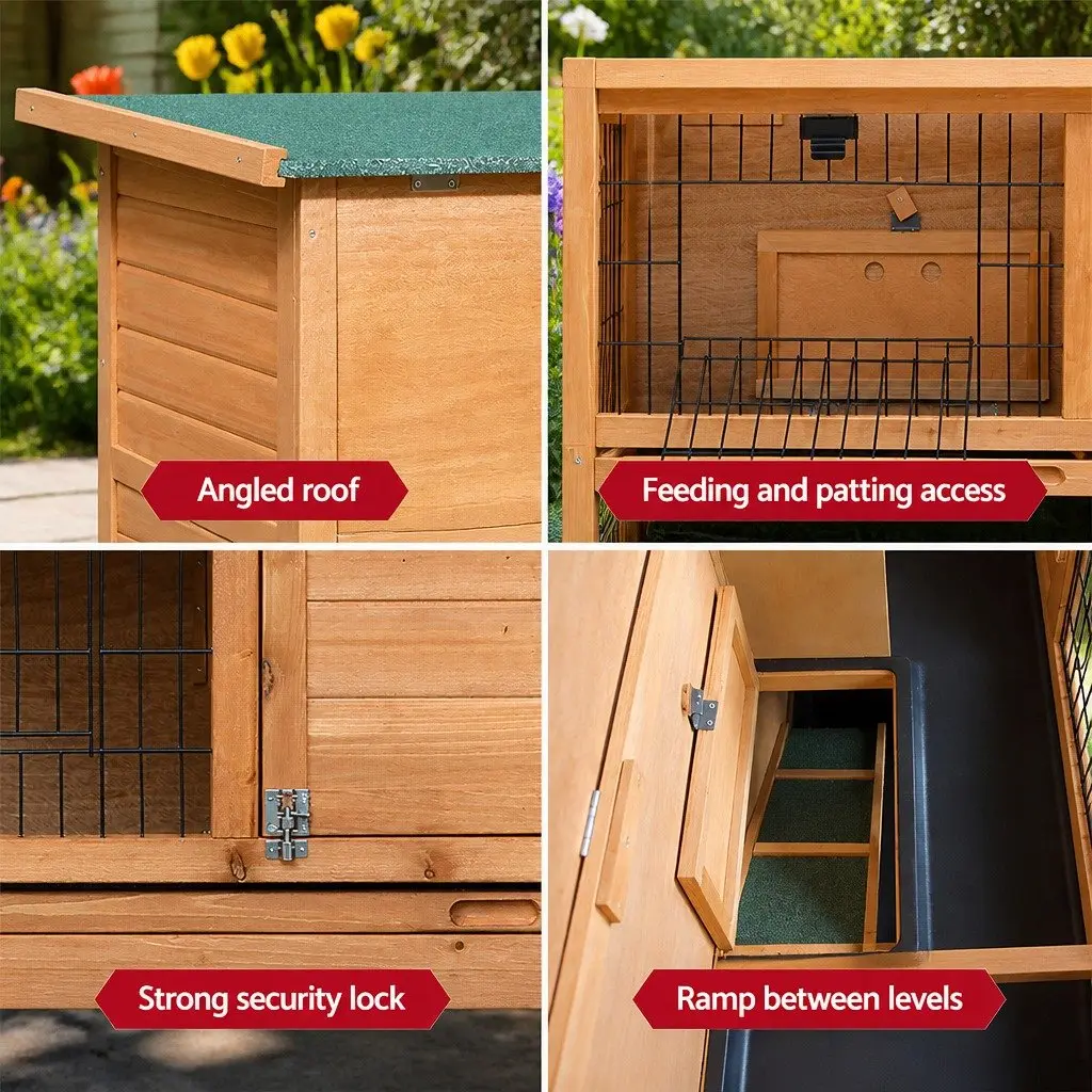 Rabbit Hutch Double Tier Wooden House 91.5cm Natural Wood