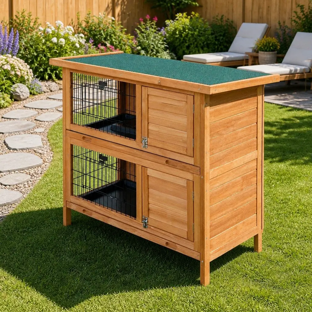 Rabbit Hutch Double Tier Wooden House 91.5cm Natural Wood