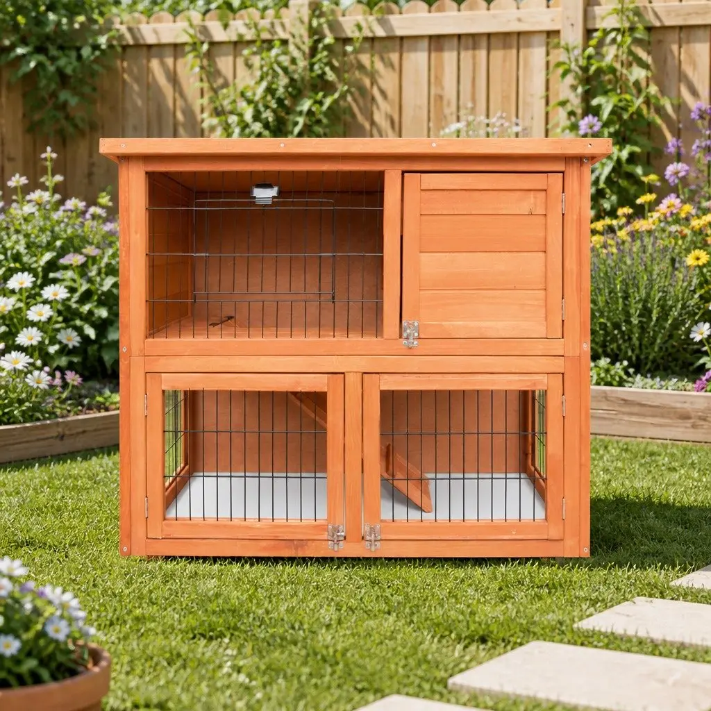 Wooden Rabbit Hutch Two Storey Fir Wood 88cm Brown Small Animal Habitat