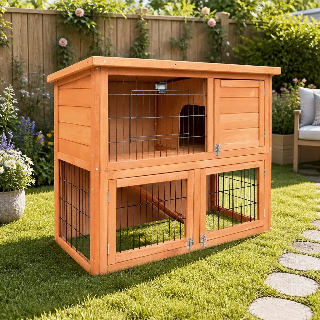 Wooden Rabbit Hutch Two Storey Fir Wood 88cm Brown Small Animal Habitat