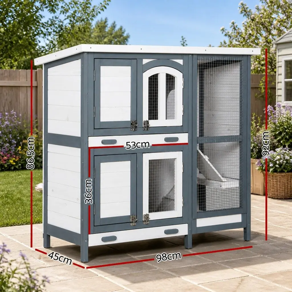 Rabbit Hutch Wooden House 98cm Outdoor Small Animal Habitat Grey and White